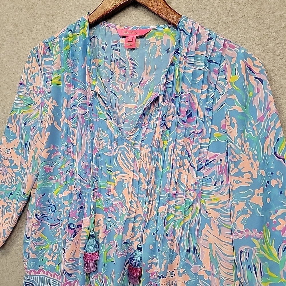 LILLY PULITZER Marilina Tunic Top Blouse Multicolor Floral Tassels Women's Sz XS